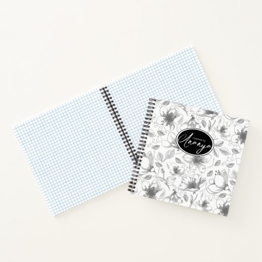 Sketched Floral contour Pattern Grey/Wht ID939 Notitieboek (Binnen)