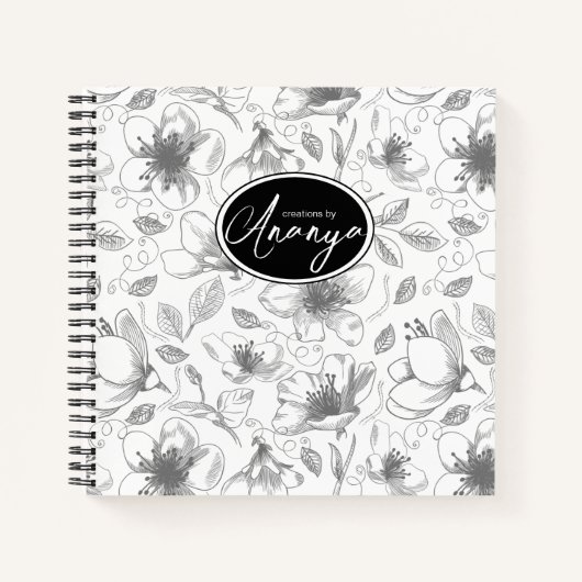 Sketched Floral contour Pattern Grey/Wht ID939 Notitieboek (Voorkant)