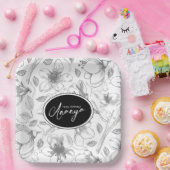 Sketched Floral contour Pattern Grey/Wht ID939 Papieren Bordje (Feest)