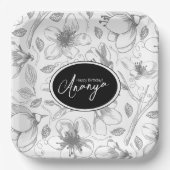 Sketched Floral contour Pattern Grey/Wht ID939 Papieren Bordje (Voorkant)