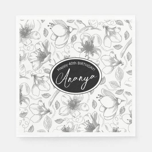 Sketched Floral contour Pattern Grey/Wht ID939 Servet (Voorkant)