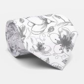 Sketched Floral contour Pattern Grey/Wht ID939 Stropdas (Opgerold)