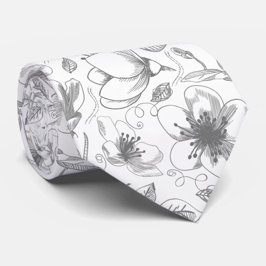 Sketched Floral contour Pattern Grey/Wht ID939 Stropdas (Opgerold)