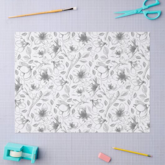 Sketched Floral contour Pattern Grey/Wht ID939 Tissuepapier (Craft)