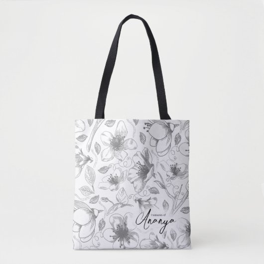 Sketched Floral contour Pattern Grey/Wht ID939 Tote Bag (Voorkant)