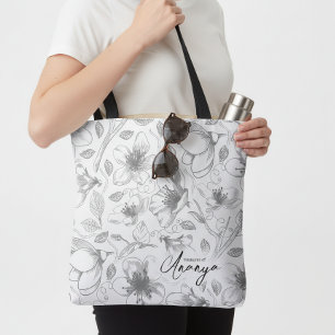 Sketched Floral contour Pattern Grey/Wht ID939 Tote Bag
