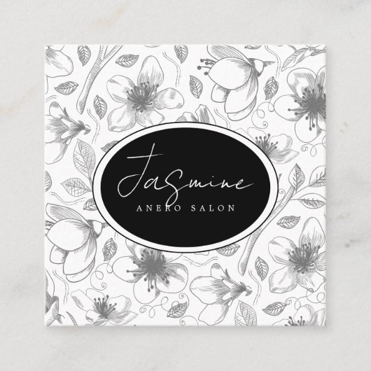 Sketched Floral contour Pattern Grey/Wht ID939 Vierkante Visitekaartje (Voorkant)