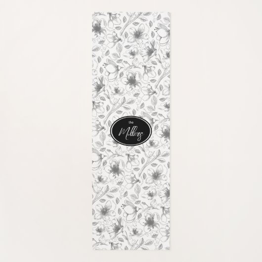 Sketched Floral contour Pattern Grey/Wht ID939 Yogamat (Voorkant)