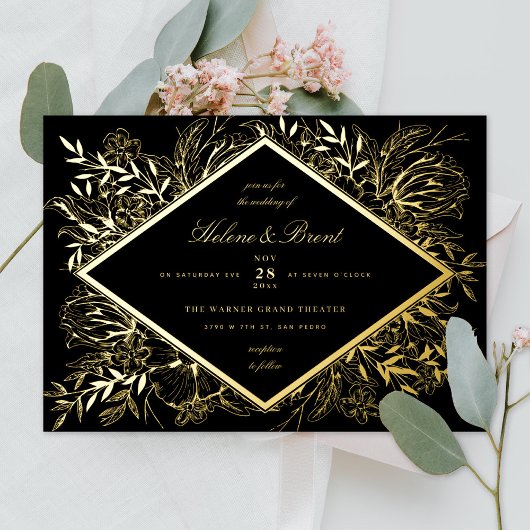 Sketched Floral Diamond Romantic Garden Champagne Folie Uitnodiging
