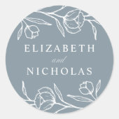 Sketched Floral Dusty Blue Wedding Ronde Sticker (Voorkant)
