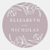 Sketched Floral Dusty Paars Wedding Ronde Sticker (Voorkant)