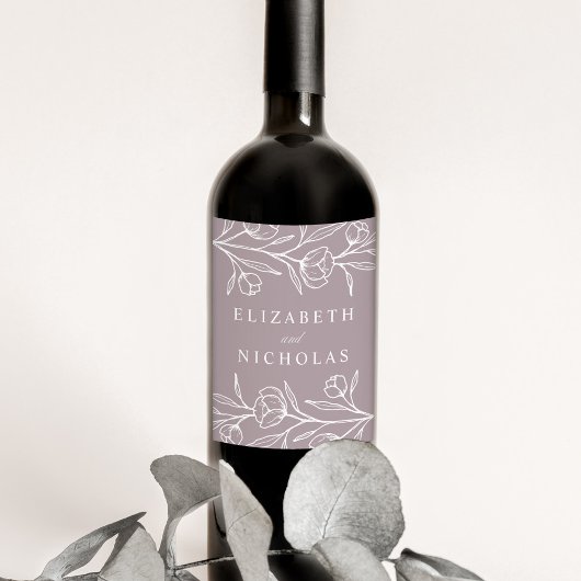 Sketched Floral Dusty Paars Wedding Wijn Etiket