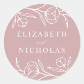 Sketched Floral Dusty Roos Wedding Ronde Sticker (Voorkant)