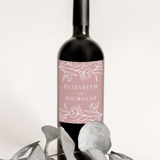 Sketched Floral Dusty Roos Wedding Wijn Etiket