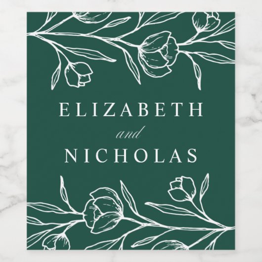 Sketched Floral Green Wedding Wijn Etiket (Enkel label)