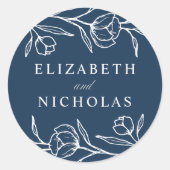 Sketched Floral Navy Wedding Ronde Sticker (Voorkant)