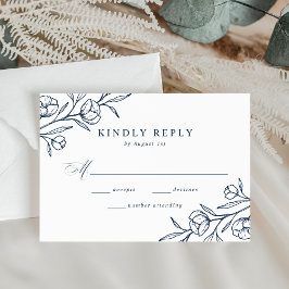 Sketched Floral Navy Wedding RSVP Kaartje