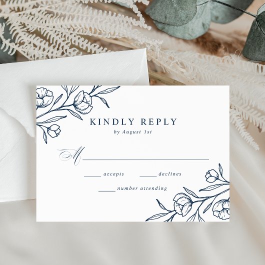Sketched Floral Navy Wedding RSVP Kaartje