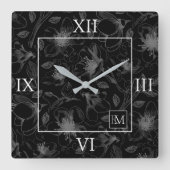 Sketched Floral Outline Lg Roman Grey/Blk ID939 Vierkante Klok (Voorkant)
