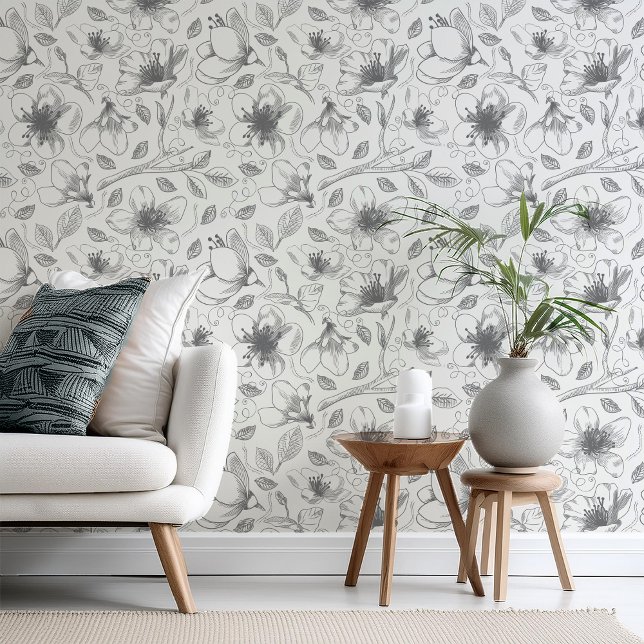 Sketched Floral Outline Pattern Gray/Wht ID939 Behang (Creator heeft geüpload)