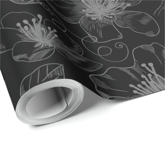 Sketched Floral Outline Pattern Grey/Black ID939 Cadeaupapier (Rol Hoek)