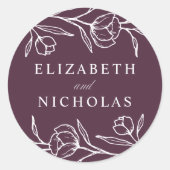 Sketched Floral Paars Wedding Ronde Sticker (Voorkant)