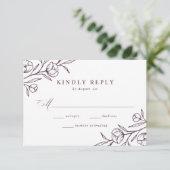 Sketched Floral Paars Wedding RSVP Kaartje (Staand voorkant)