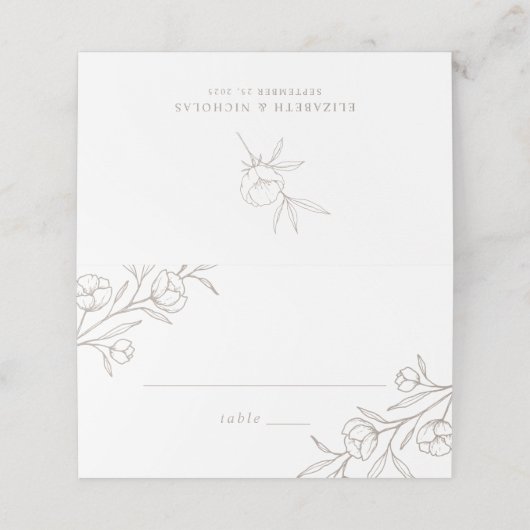Sketched Floral Taupe Wedding Plaatskaartje (Buitenkant ongevouwen)