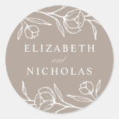 Sketched Floral Taupe Wedding Ronde Sticker (Voorkant)