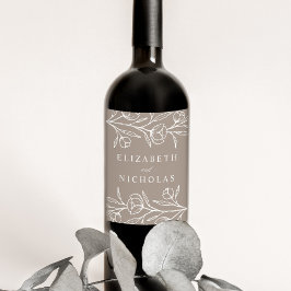 Sketched Floral Taupe Wedding Wijn Etiket