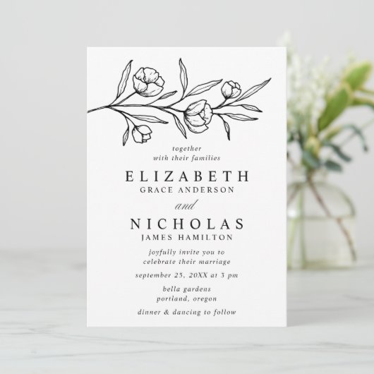 Sketched Floral White en Black Wedding Kaart (Staand voorkant)