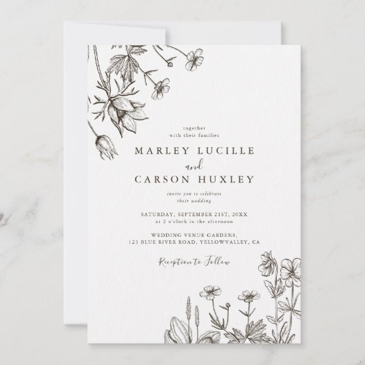 Sketched Hand Drawn Wildflower Wedding Kaart (Voorkant)