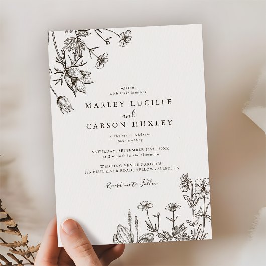 Sketched Hand Drawn Wildflower Wedding Kaart