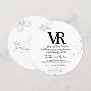 Sketched Swan en Botanical Wedding Invitation Kaart