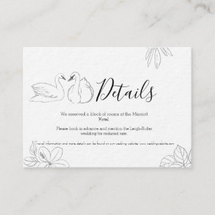 Sketched Swan en Floral Wedding Details Card Informatiekaartje