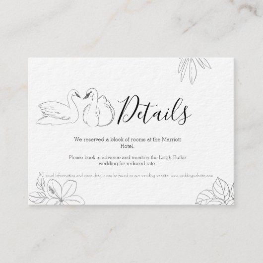 Sketched Swan en Floral Wedding Details Card Informatiekaartje (Voorkant)