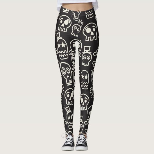 Sketchy Black Skull Naadloze Wallpaper Leggings (Voorkant)