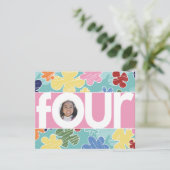 Sketchy Flowers 4th Birthday Party Pink Kaart (Staand voorkant)