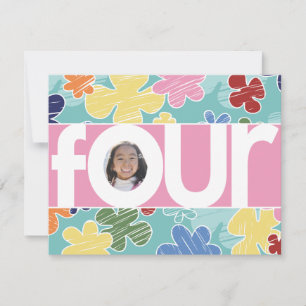 Sketchy Flowers 4th Birthday Party Pink Kaart