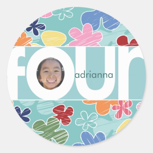 Sketchy Flowers 4th Birthday Sticker (Voorkant)