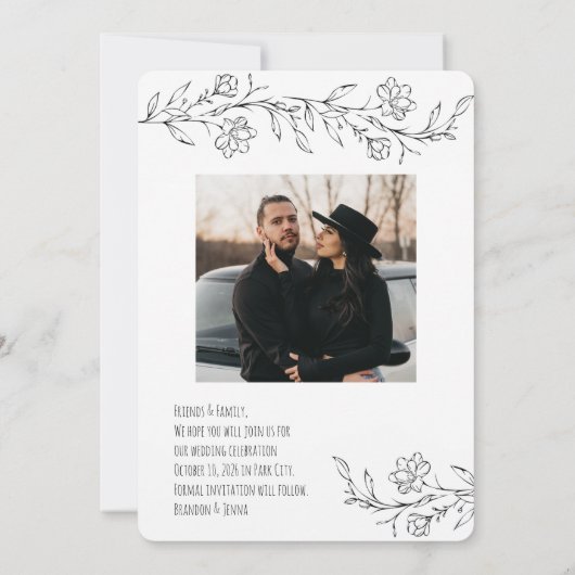 Sketchy Flowers en Geript Papier Opslagdatum Kaart (Achterkant)