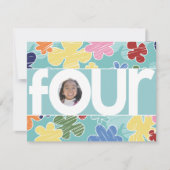 Sketchy Flowers Fourth Birthday Blauwgroen Kaart (Voorkant)