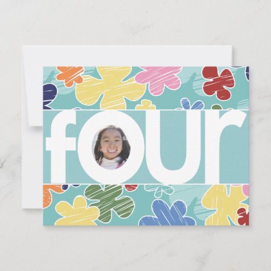 Sketchy Flowers Fourth Birthday Blauwgroen Kaart (Voorkant)