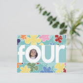Sketchy Flowers Fourth Birthday Blauwgroen Kaart (Staand voorkant)