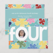 Sketchy Flowers Fourth Birthday Blauwgroen Kaart (Voorkant / Achterkant)