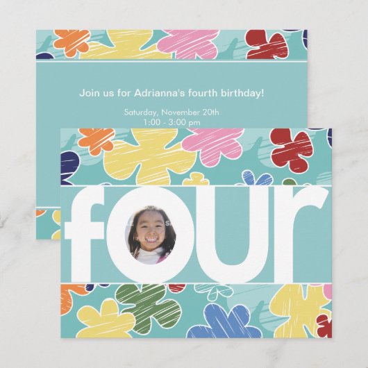 Sketchy Flowers Fourth Birthday Blauwgroen Kaart (Voorkant / Achterkant)