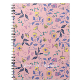 Sketchy Flowers Hearts Vogels Roze Notitieboek