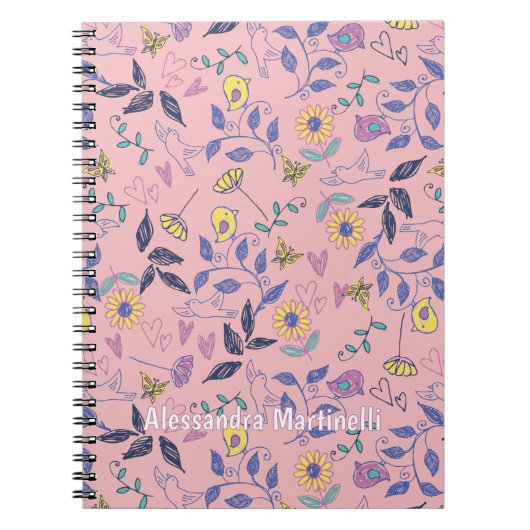 Sketchy Flowers Hearts Vogels Roze Notitieboek (Voorkant)