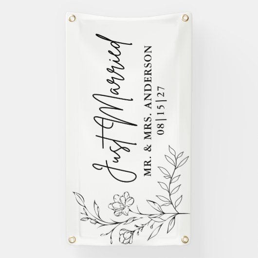 Sketchy Flowers Just Married Car Banner (Verticaal)