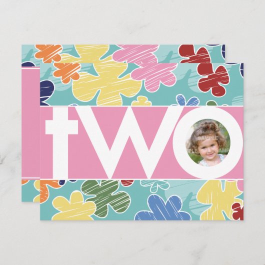 Sketchy Flowers Second Birthday Invitation Kaart (Voorkant / Achterkant)